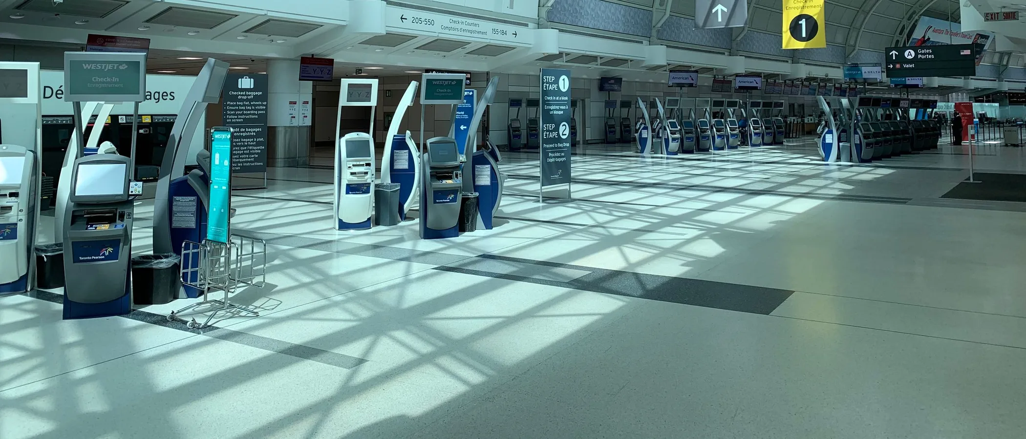 A modern airport departures terminal